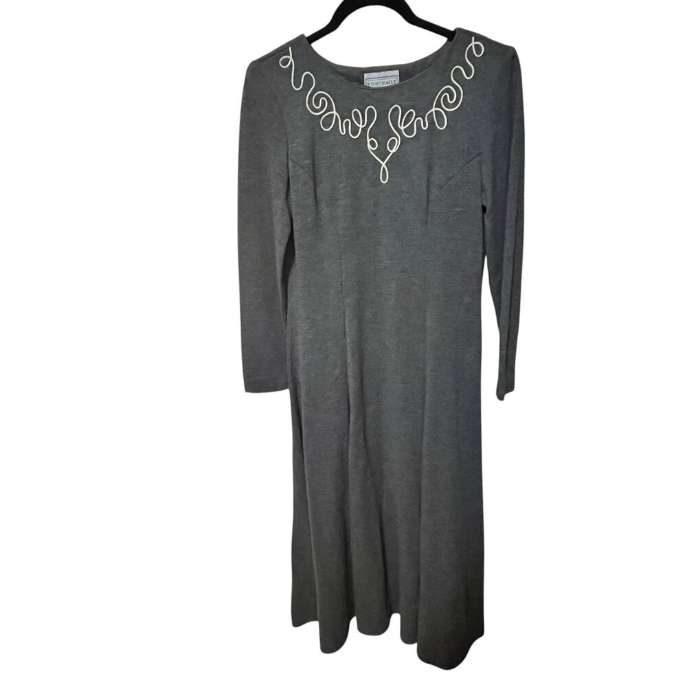 Vintage E.D. Michaels Gray Maxi Dress Art Deco Soutache 80s Long Sleeve USA